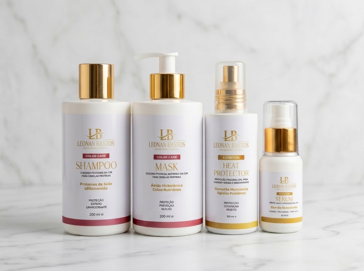 Shampoo, máscara e sérum Leonan Bastos — rotina capilar completa